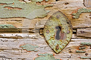 Rusty metal keyhole of an old wooden door