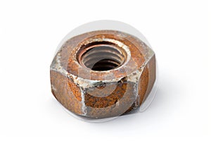 Rusty metal nut on white background. Neural network AI generated