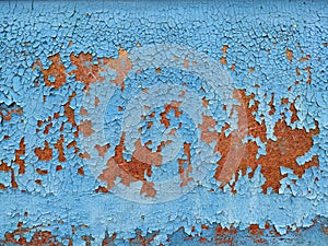 Rusty metal panel with cracked blue paint, corroded grunge metal background