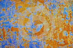 Rusty metal plate background. Orange blue abstract grunge texture background. Old rusty painted wall surface