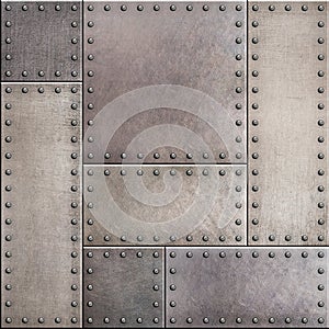 Rusty metal plates with rivets seamless background or texture