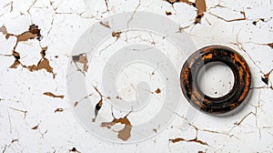 A rusty metal ring on a white wall.