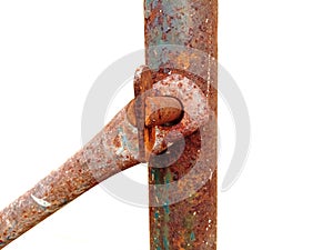 Rusty metal scaffolding lock isolated on white background closeup.