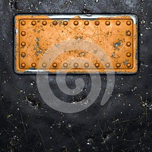 Rusty metal strip with rivets on the center against on black metal background 3d