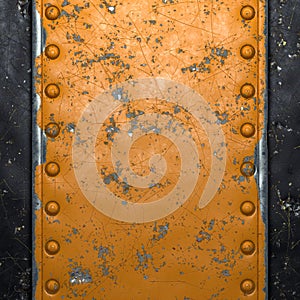 Rusty metal strip with rivets on the center against on black metal background 3d