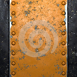 Rusty metal strip with rivets on the center against on black metal background 3d