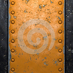 Rusty metal strip with rivets on the center against on black metal background 3d