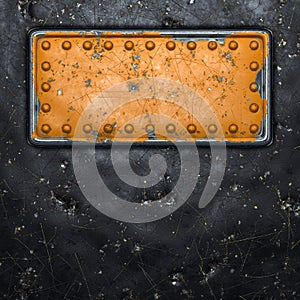 Rusty metal strip with rivets on the center against on black metal background 3d