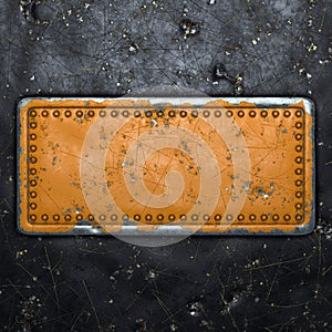 Rusty metal strip with rivets on the center against on black metal background 3d