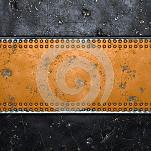 Rusty metal strip with rivets on the center against on black metal background 3d