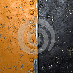 Rusty metal strip with rivets on the left against on black metal background 3d