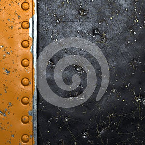 Rusty metal strip with rivets on the left against on black metal background 3d