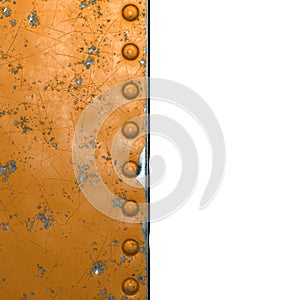 Rusty metal strip with rivets on the left against isolated on white background 3d