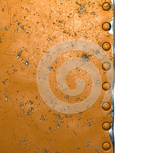 Rusty metal strip with rivets on the left against isolated on white background 3d