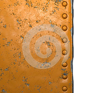 Rusty metal strip with rivets on the left against isolated on white background 3d