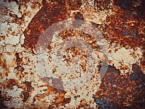 Rusty metal surface with streaks of rust. Rusty corrosion. Brown, black and orange rust and dirt on white enamel. photo