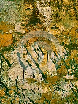 Rusty metal texture with black paint splashes, abstract grunge background in retro photo style