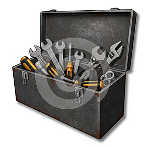 Rusty Metal Toolbox Filled with Various Hand Tools