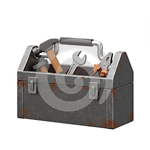 Rusty Metal Toolbox with Tools on White Background