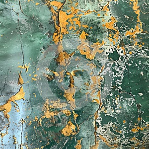 Rusty metal wall, old iron sheet, covered with rust with multi-colored paint. Trace of remnant of old paint in large