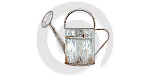 Rusty metal watering can with handle and spout isolated on transparent background