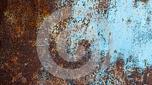 Rusty metallic texture. Oxidation of the metal. Grunge, steampunk, rock, vintage. Iron background, brown, red and blue