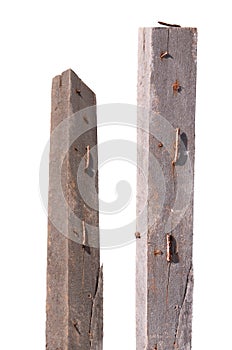Rusty nail on crack wood on white background clipping path