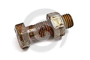 Rusty nut and bolt isolated on white