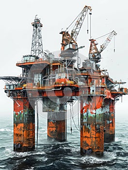Rusty Offshore Oil Rig Platform in Stormy Sea Environment, Industrial Marine Drilling Structure