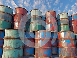 Rusty Oil Barrels Stacked Against Sky