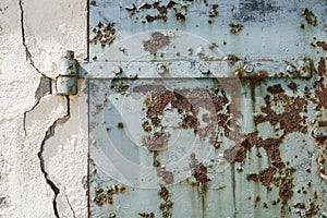 Rusty old blue door with cracked wall, abstract and textured background