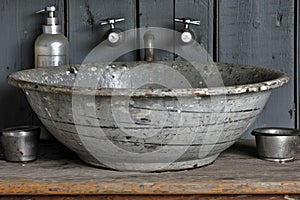 A rusty old bowl sitting on top of a wooden table, AI