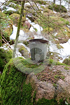 Rusty old bucket standing on rock in forest
