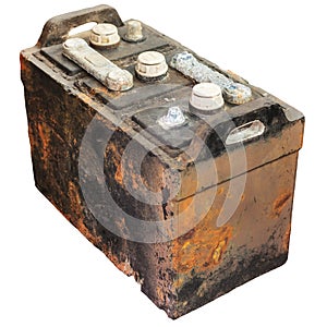 Rusty old car battery isolated on white