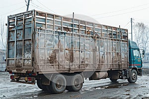 Rusty old car parked in winter in an empty parking lot. Animal transport truck