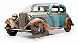 Rusty Old Car On White Background - Metalworking Mastery In Indigo And Amber
