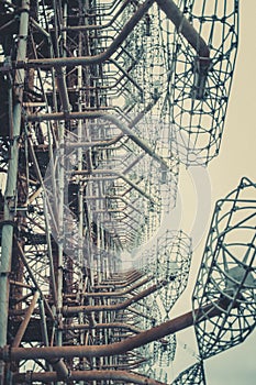 Rusty old children`s machine in an abandoned amusement park in carting, the ghost town of Pripyat, Chernobyl, the consequences of