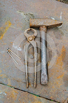 Rusty old hammer, pliers and nails