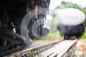 Rusty old iron freight train In the train station, Thai train stops at the station.soft focus