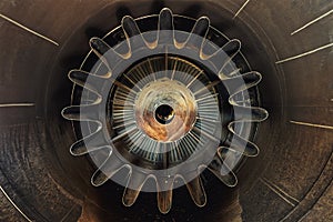 Rusty old jet engine closeup as background