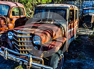 Rusty, old, junked car in the woods