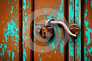 Rusty old lock on the aesthetic door solid color background.