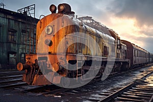 rusty old locomotive in a vintage train yard