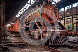 rusty old locomotive in a vintage train yard