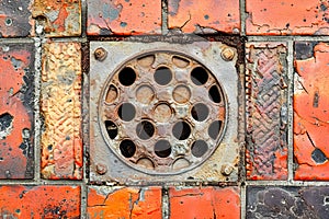 Rusty old metal sewer cover is in square hole surrounded by orange and red bricks. Generative AI