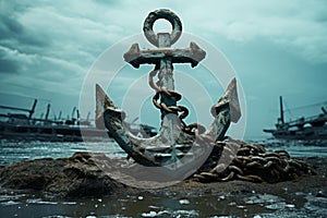 Rusty Old ship anchor on blue marine background. Generate ai