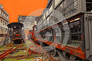 Rusty locomotives and train wagons in Havana, Cuba