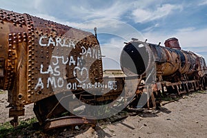 Rusty old steem train at train cemetery in Bolivia