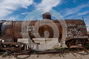 Rusty old steem train at train cemetery in Bolivia