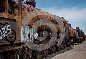 Rusty old steem train at train cemetery in Bolivia